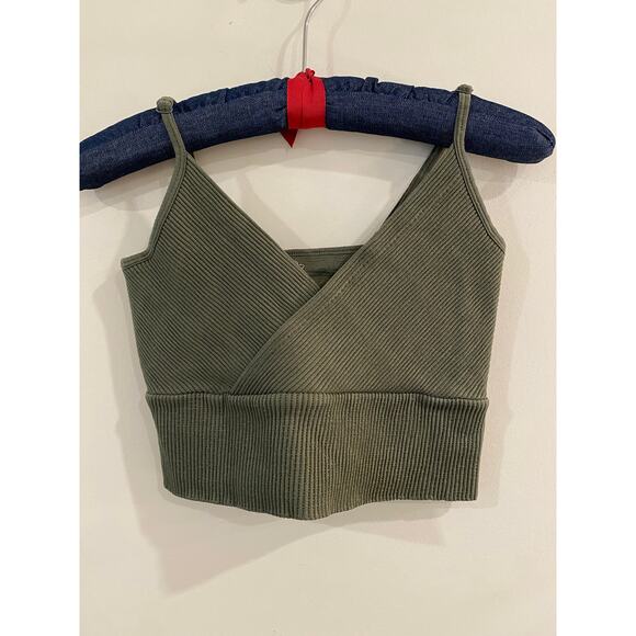 Aura Women’s Ribbed Crop Top M/L Adjustable Straps Olive Green Nylon Spandex - Picture 1 of 6